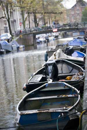 Boats in a canal in Amsterdam.
